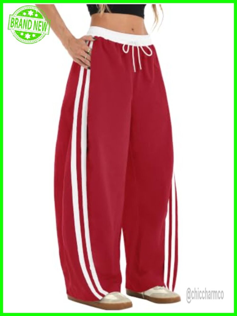 Women's 100% Nylon Track Pants Wide Leg Side Stripe Athletic